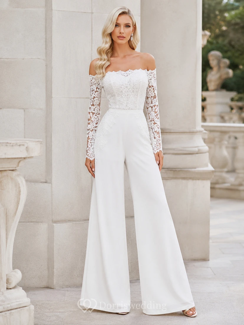 White Off-Shoulder Illusion Lace Long Sleeve Wide-Leg Formal Jumpsuit Elegant