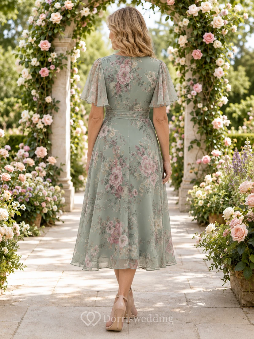 Sage floral V neck flutter sleeve midi wedding guest dress view 2