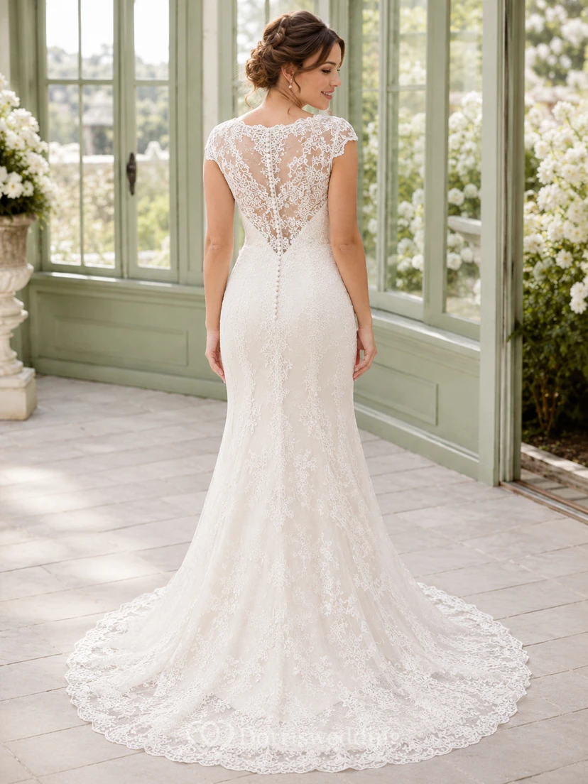 Robe de mariée sirène à col V profond en dentelle, manches courtes et traîne chapelle, petite taille view 2