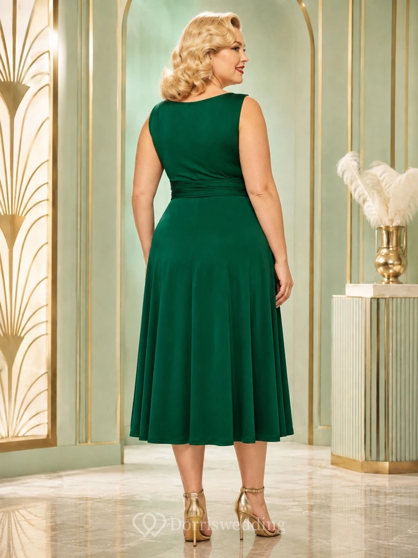 Dark Green Jersey V-Neck Sleeveless Tea-Length Plus-Size A-Line Dress view 2