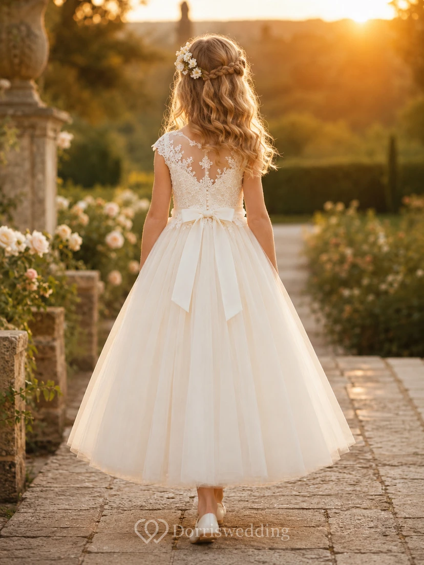 Blumenmädchenkleid aus elfenbeinfarbener Spitze und Tüll, A-Linie, kurze Ärmel, Rundhalsausschnitt, Teelänge, Schleife am Rücken view 2