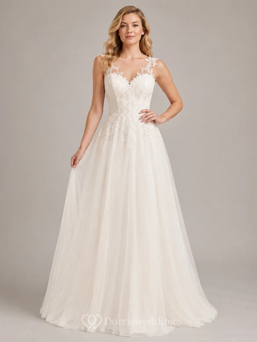 Preiswertes Brautkleid aus Tüll im A-Linien-Stil mit Spitzenträgern