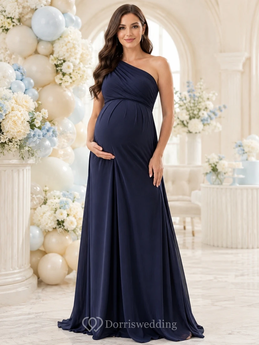 Maternity One Shoulder Navy Sheath Elegant Floor Length Evening Dress