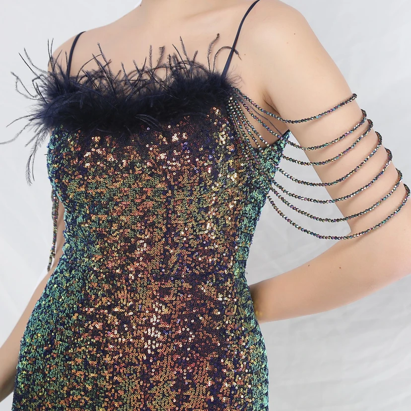 Craft Beaded Ostrich Feather Fantasy Sequined Long Evening Dress view 54