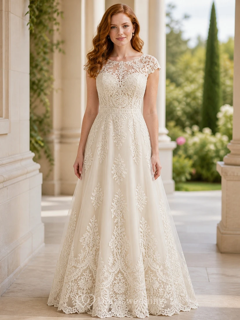Vestido de novia romántico vintage de talla grande con mangas cortas de encaje y corte en A