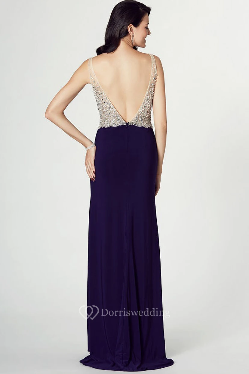 V-Neck Sleeveless Beaded Jersey Prom Dress view 2