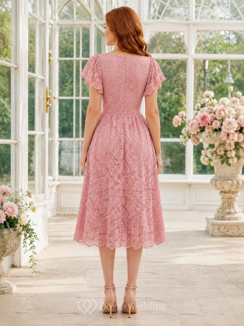 Pink Lace Scoop Neck Cap Sleeve A-Line Tea-Length Romantic Garden Guest Dress view 2