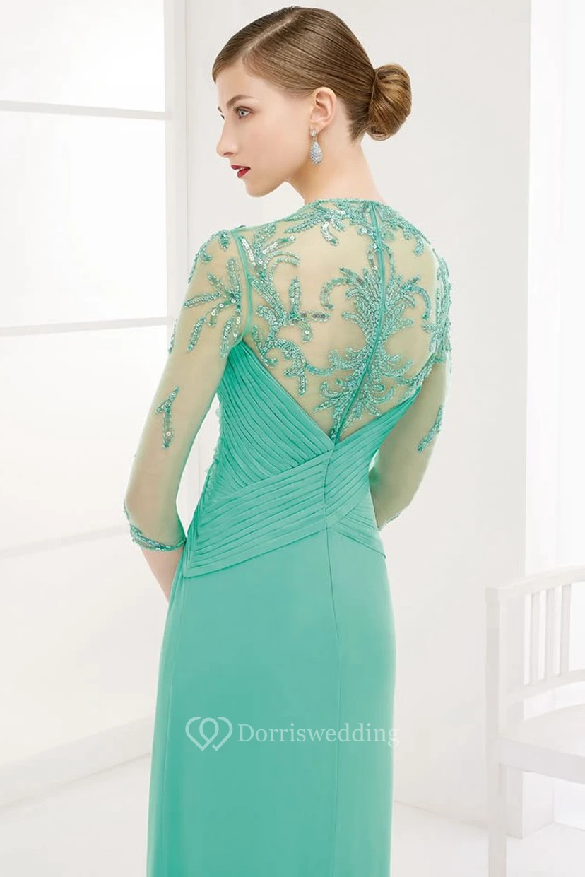 Sheath Ruched Floor-Length V-Neck Half-Sleeve Chiffon Prom Dress With Flower And Draping view 2