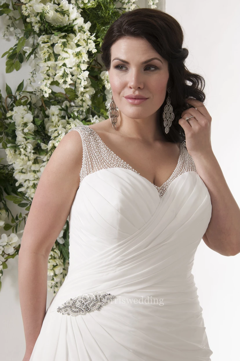 A-Line V-Neck Draped Sleeveless Chiffon Plus Size Wedding Dress With Beading And Broach view 3