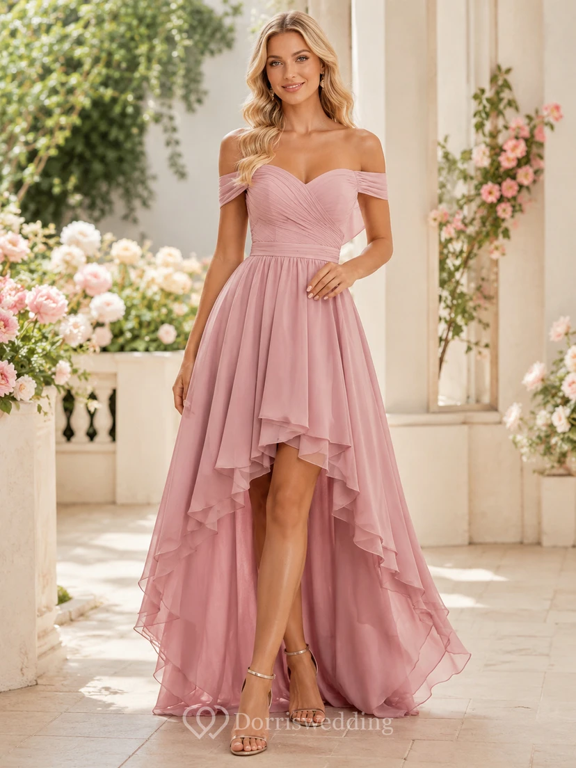 Altrosafarbenes, schulterfreies Chiffon-A-Linien-Abendkleid mit asymmetrischem Saum – romantisch für den Garten