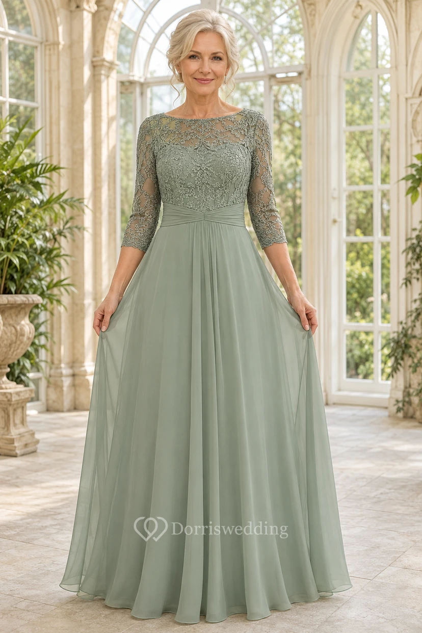 Sage Lace Bodice A-Line Mother Dress with Three-Quarter Sleeves