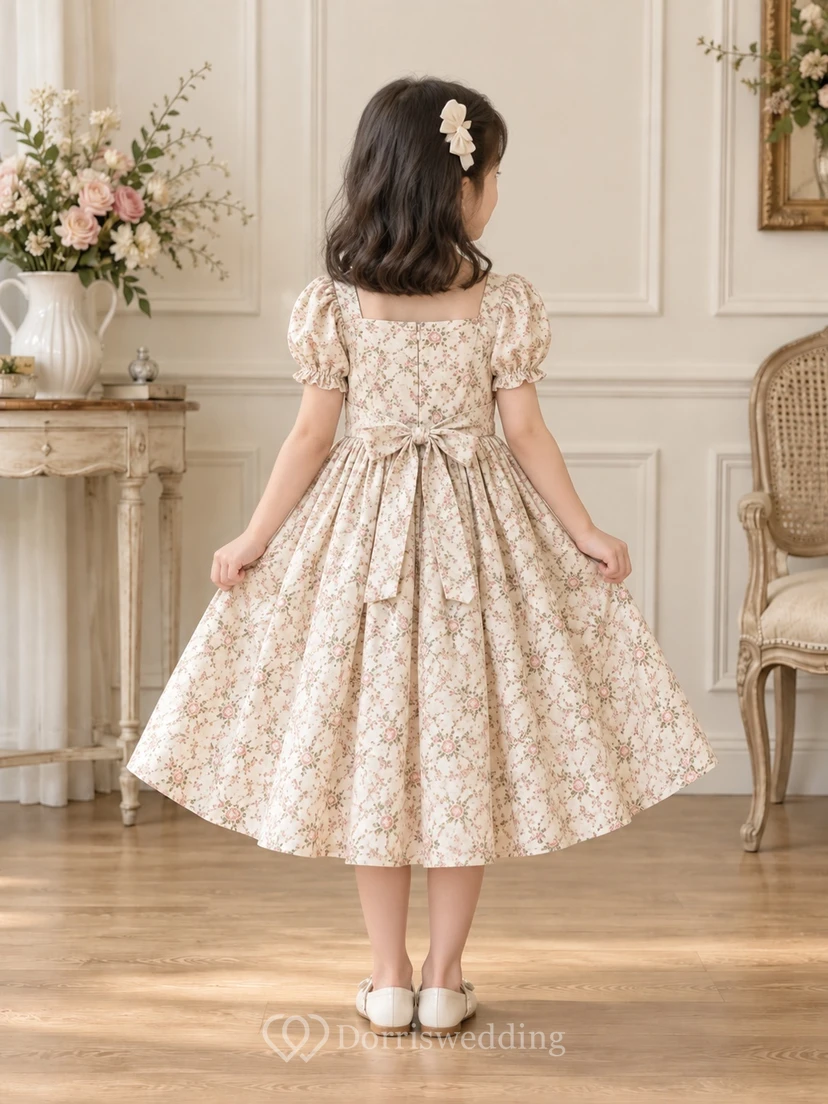 Teelanges, eckiges Blumenkleid in A-Linie mit Blumenmuster, A-Linien-Schnitt, Puffärmeln und Schleife am Rücken view 2