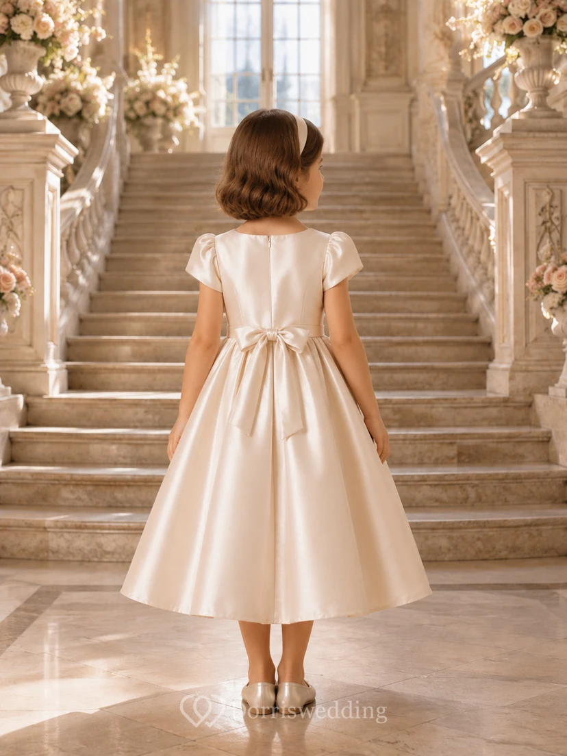 Robe de demoiselle d'honneur en satin champagne, coupe trapèze, manches bouffantes, longueur thé, nœud. view 2