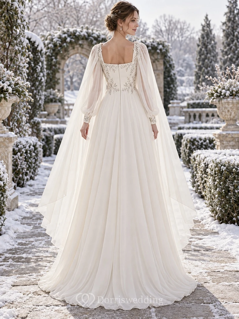 Langärmeliges, eckiges Chiffon-Spitzen-A-Linien-Hochzeitscape-Kleid mit Cape, das an einem eckigen Ausschnitt erinnert view 2