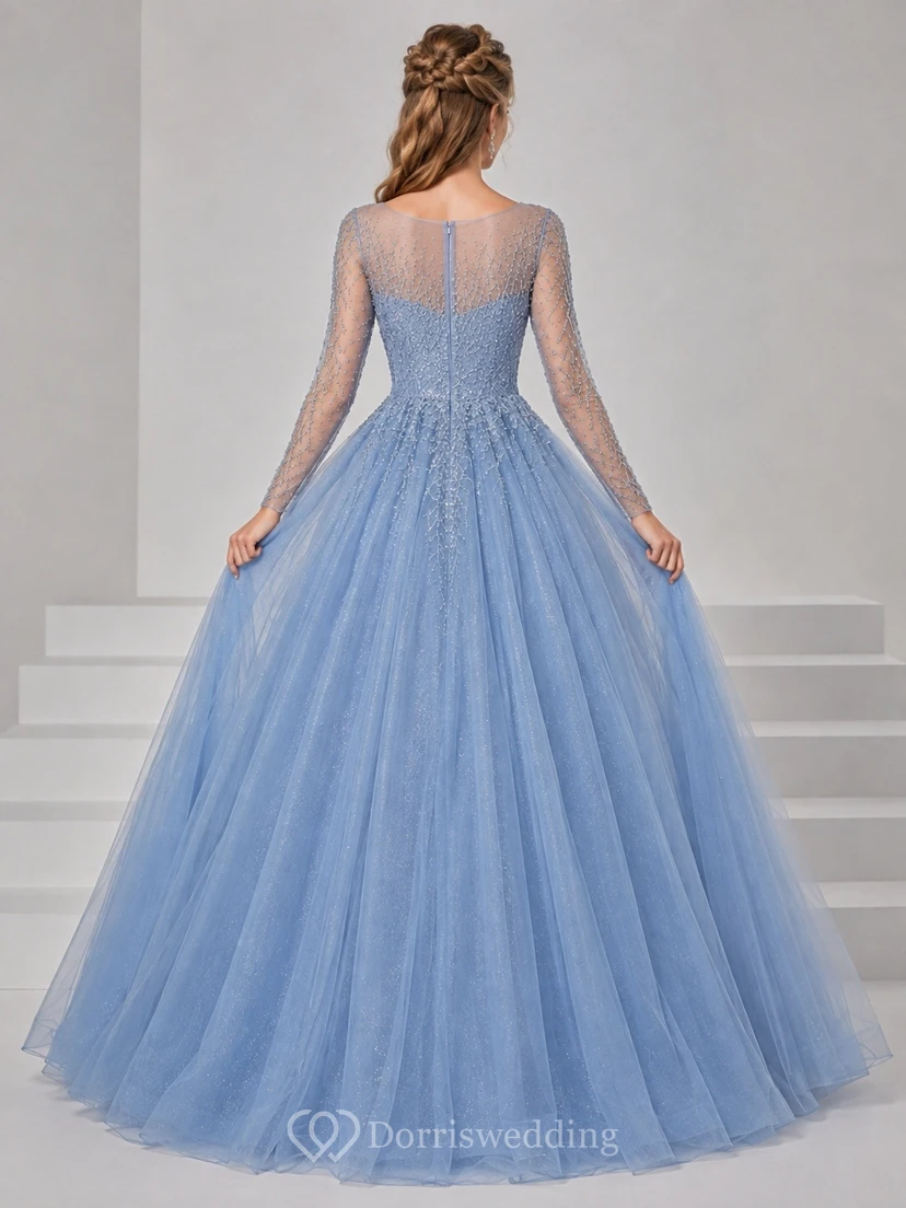 Long Sleeve Sky Blue Tulle Ball Gown Ethereal Prom Dress view 2