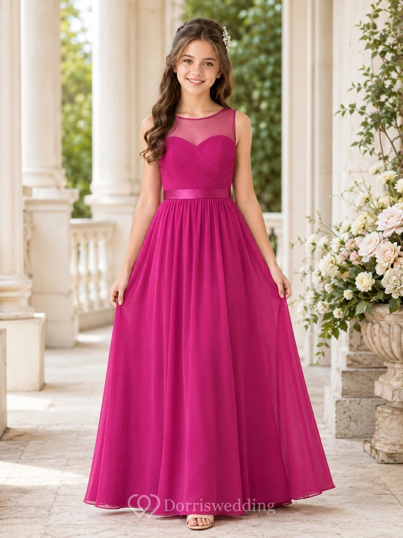 Fuchsiafarbenes Brautjungfernkleid für junge Damen, A-Linie, bodenlang, hoher Kragen, ärmellos, Illusion-Passe, romantisch