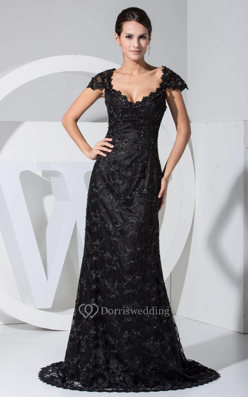 Plunged Queen Anne Sheath Dress With Lace Appliques