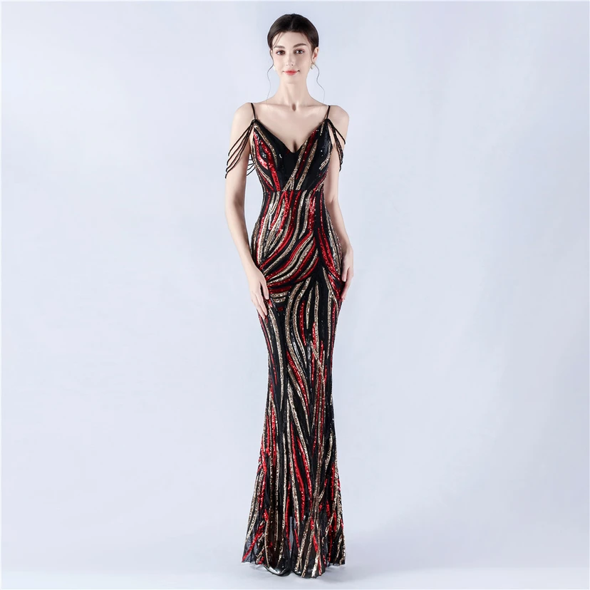 Sequined Striped Color Matching Slim Dinner Host Suspender Long Dress For Women view 10