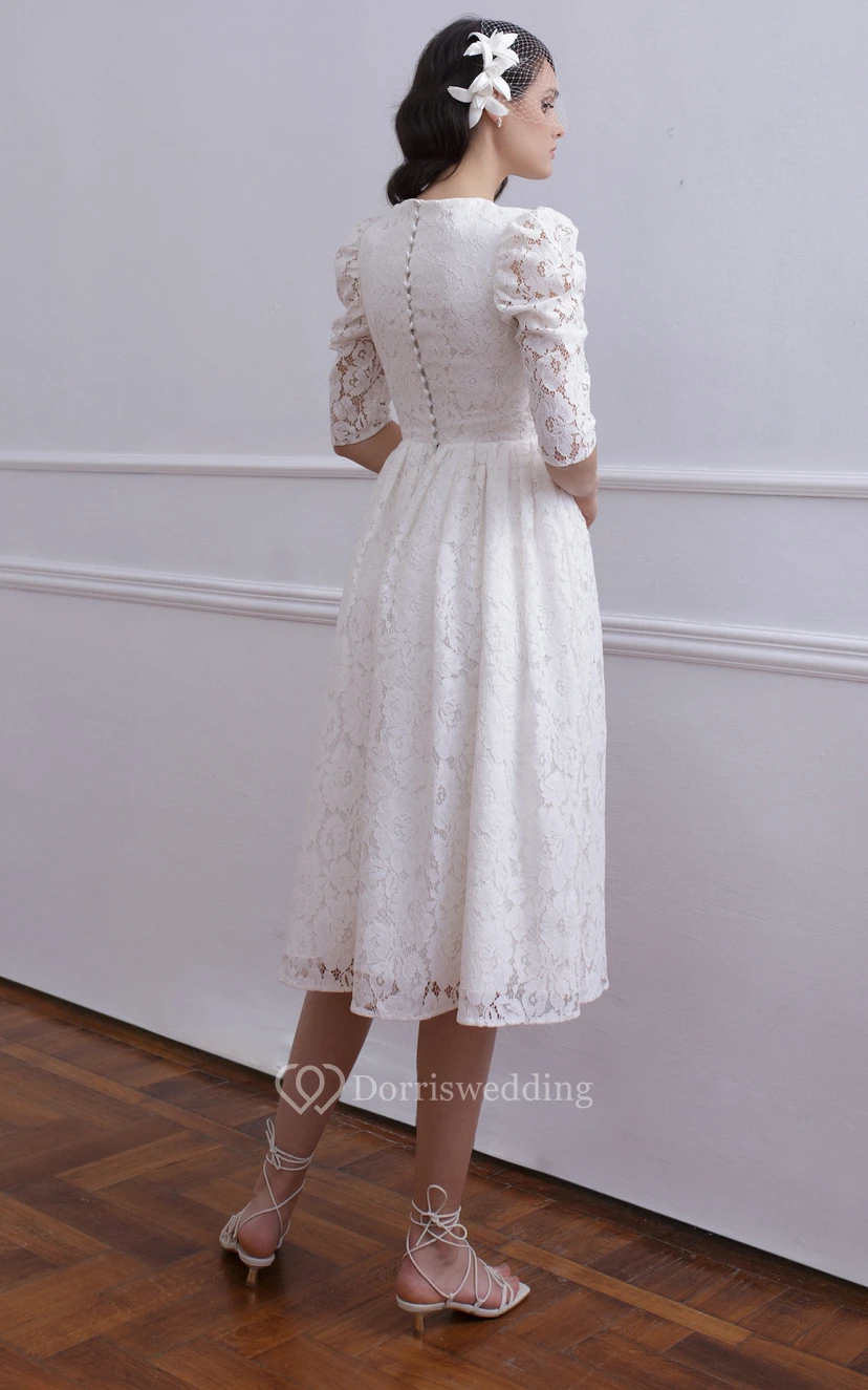 Vintage-Hochzeitskleid in A-Linie mit halben Ärmeln, Teelänge und Spitze, mit Raffungen view 2