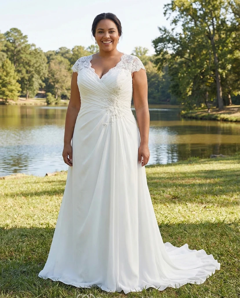 Plus Size Cap Sleeve Chiffon Wedding Gown