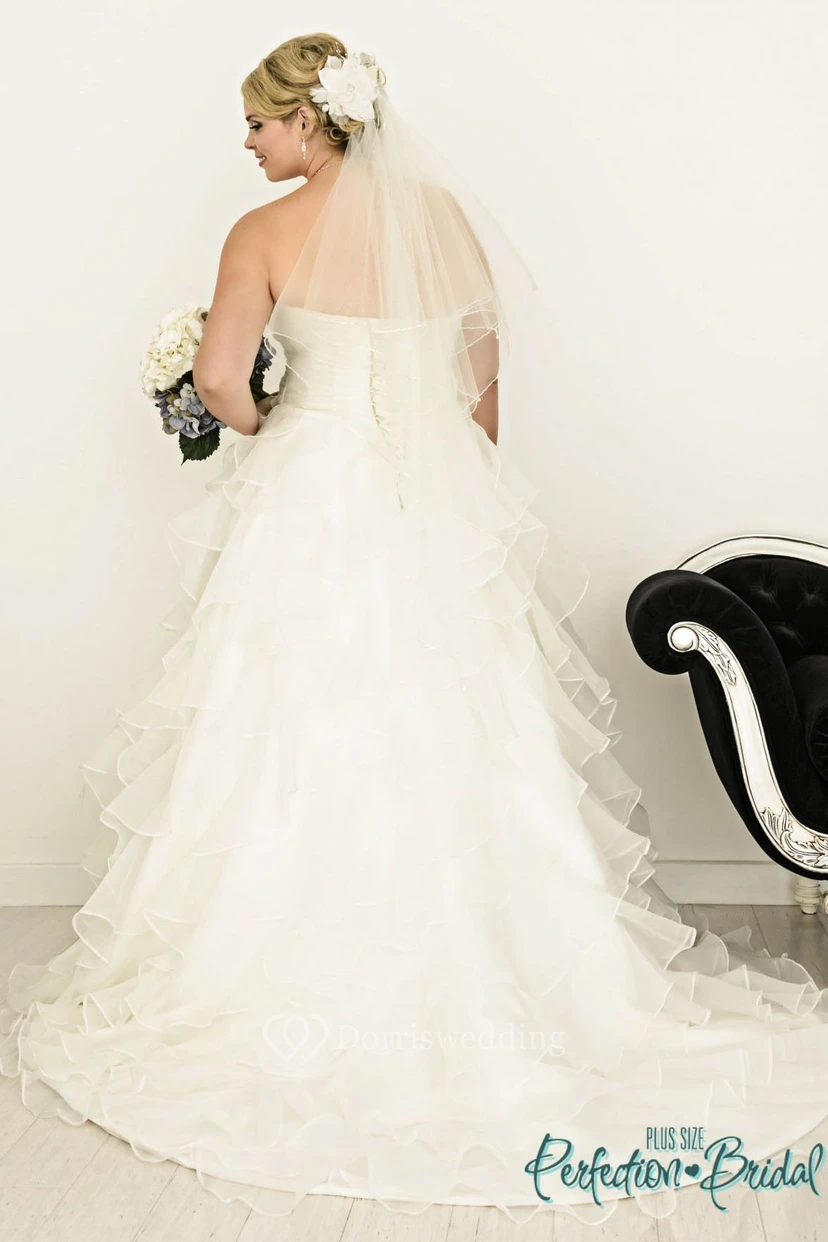 A-Line Ruffled Sweetheart Floor-Length Organza Plus Size Wedding Dress Styles With Criss Cross And Tiers view 2