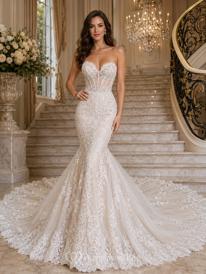 Robe de mariée sirène sans bretelles en dentelle, décolleté cœur et traîne chapelle, ornée d'appliques, style jardin.