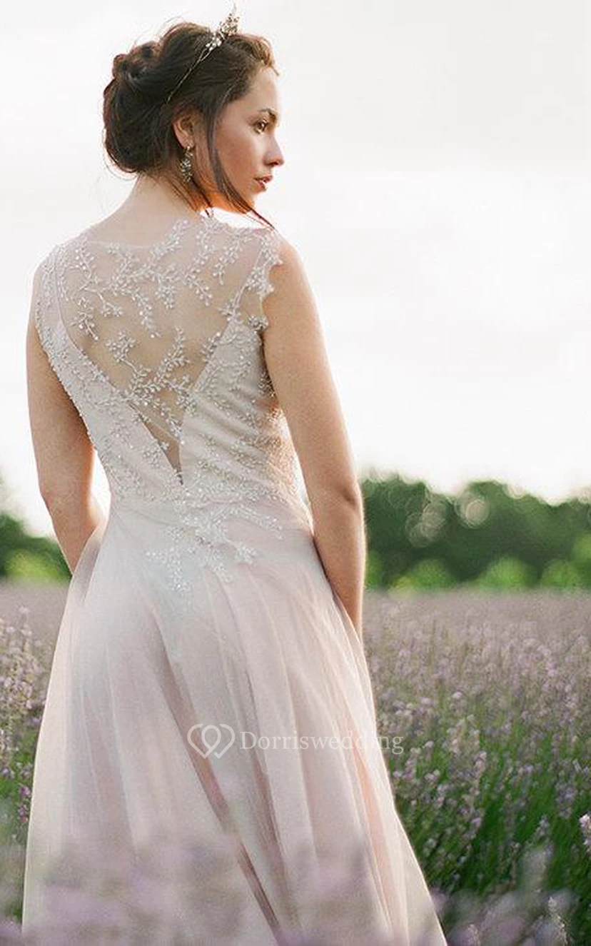 Robe en tulle sans manches, coupe trapèze, col rond, dos illusion et perles view 2