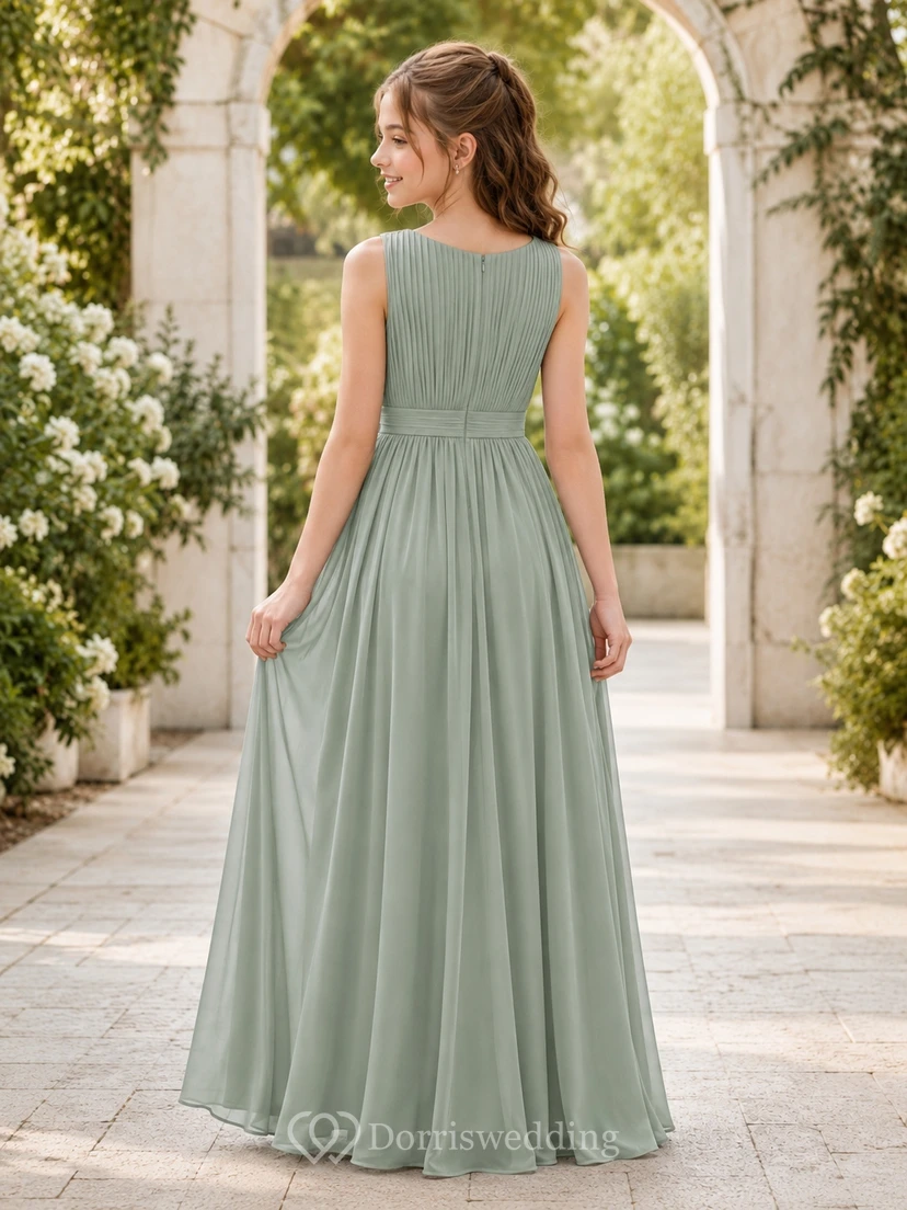 Celadonfarbenes Brautjungfernkleid in A-Linie mit juwelenbesetztem, ärmellosem Chiffon-Oberteil und Faltenrock, elegant view 2