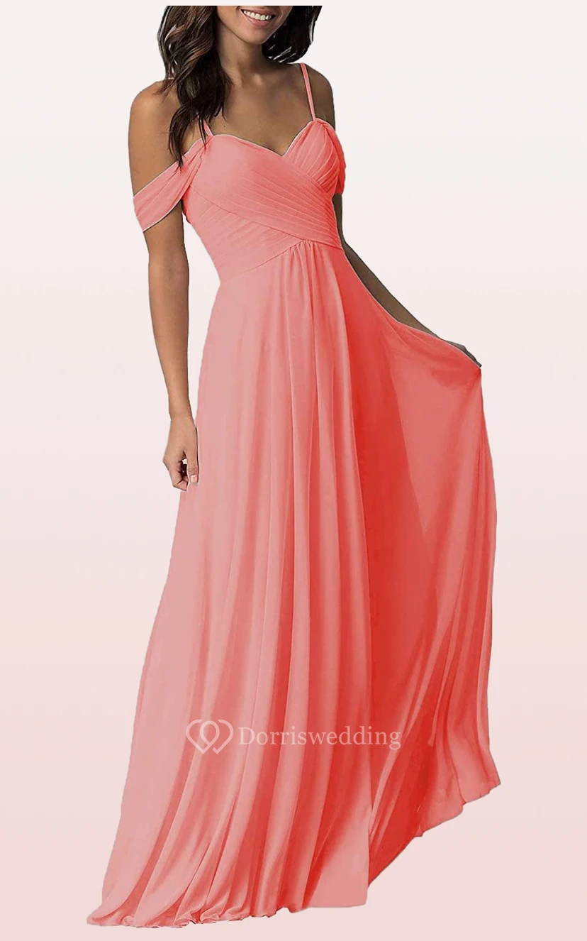 Off-the-shoulder A Line Sleeveless Floor-length Chiffon Bridesmaid Dress With Ruching view 3