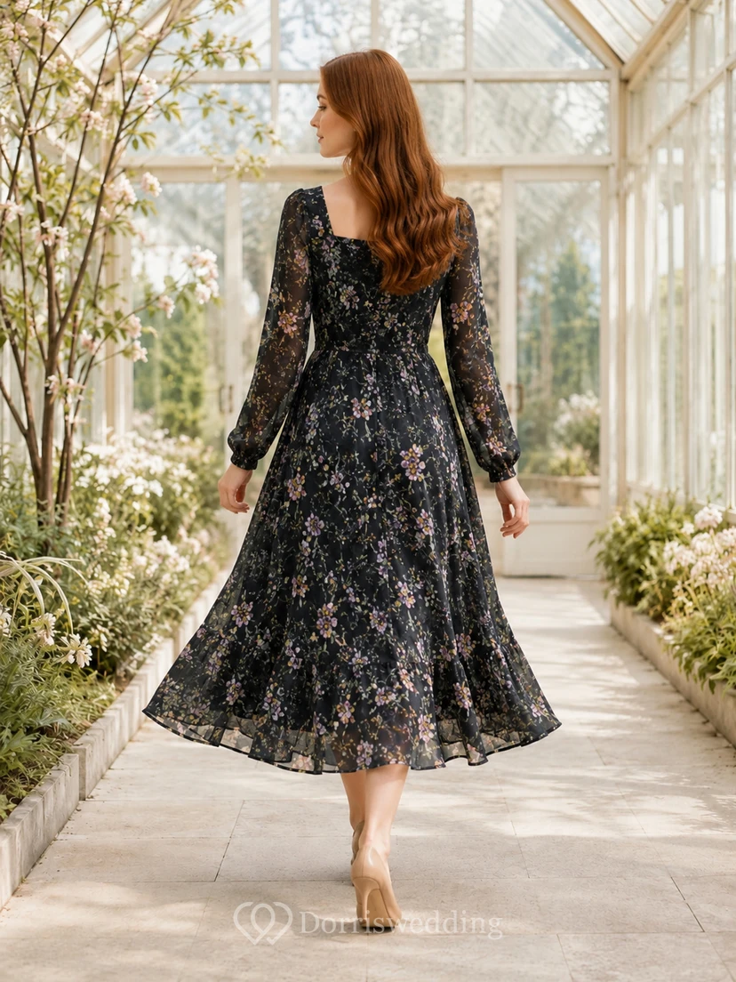 Robe midi à fleurs noires, col carré, manches longues, style jardin view 2
