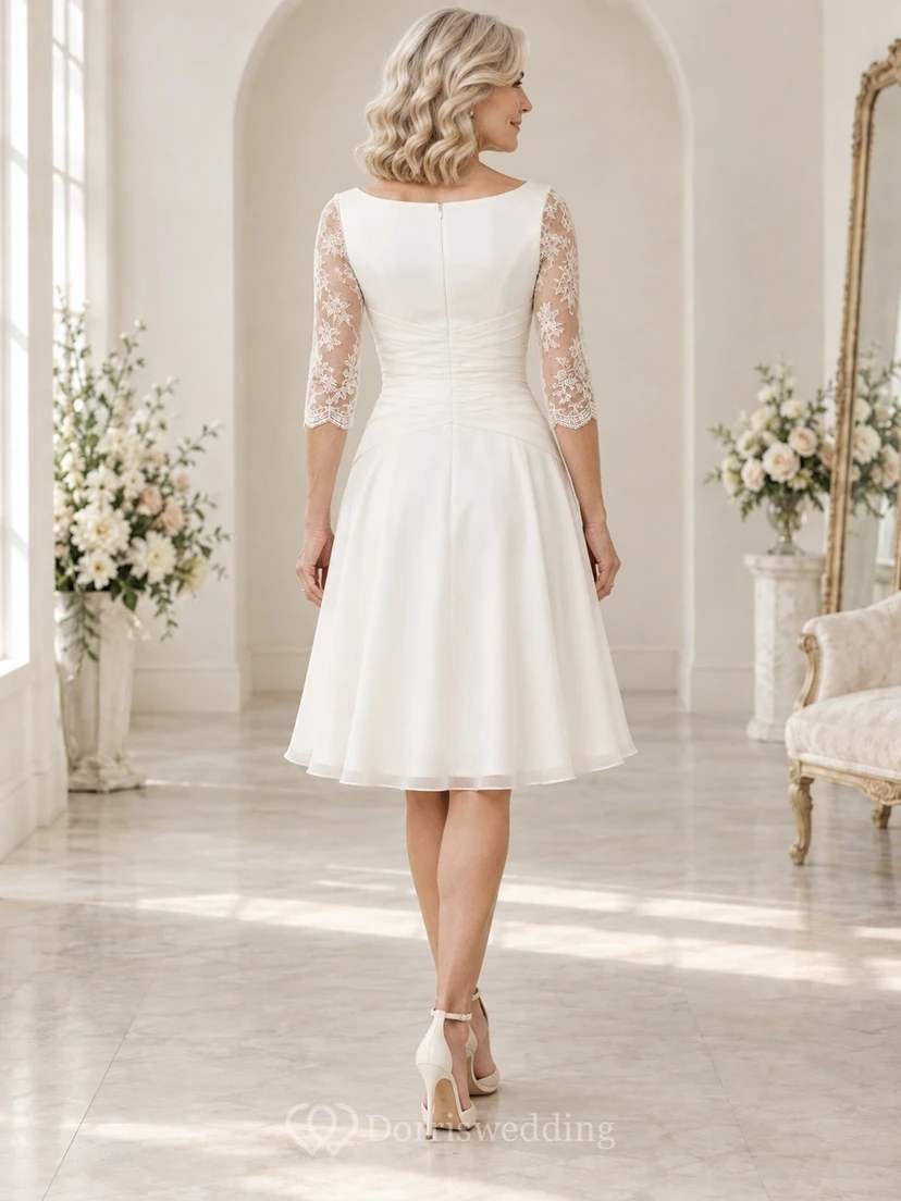 Modest Knee Length Wedding A-Line Chiffon Dress for Older Brides with Bateau and Lace Sleeves view 2