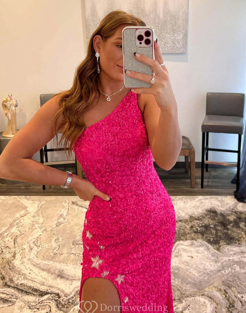 Radiant Hot-Pink One-Shoulder Sequin Gown with Thigh-High Slit view 2