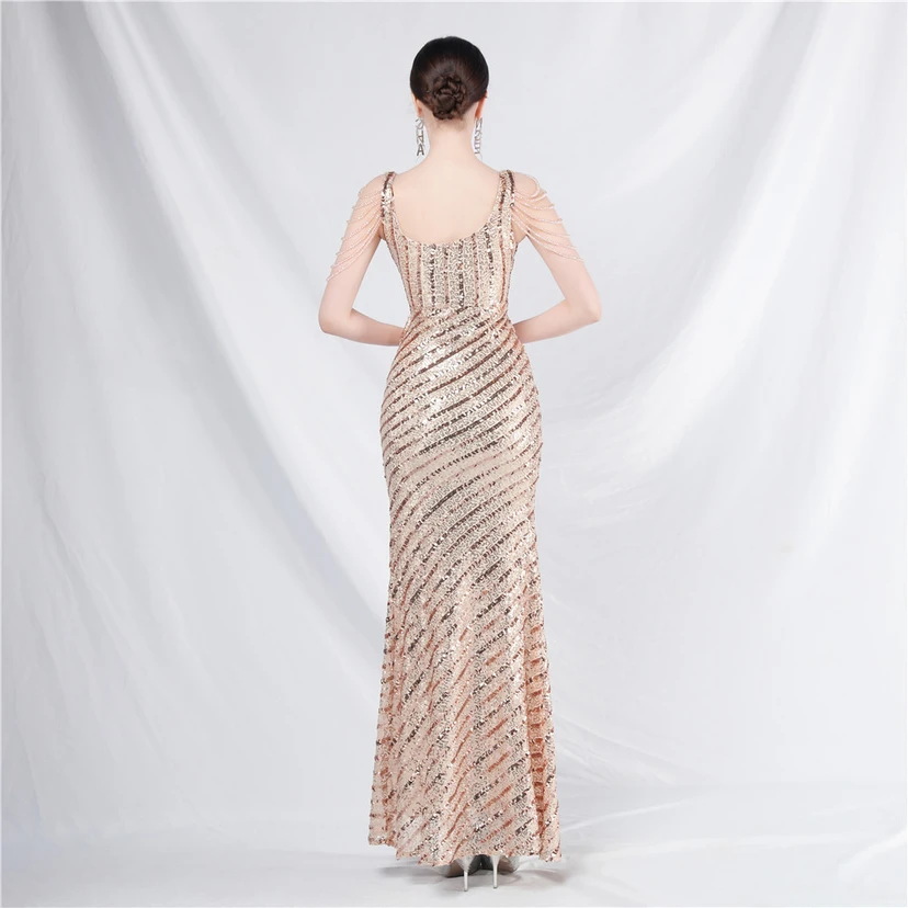 Craft Sequined Velvet Bottom Handmade Beaded Long Elegant Light Luxury Evening Dress view 6