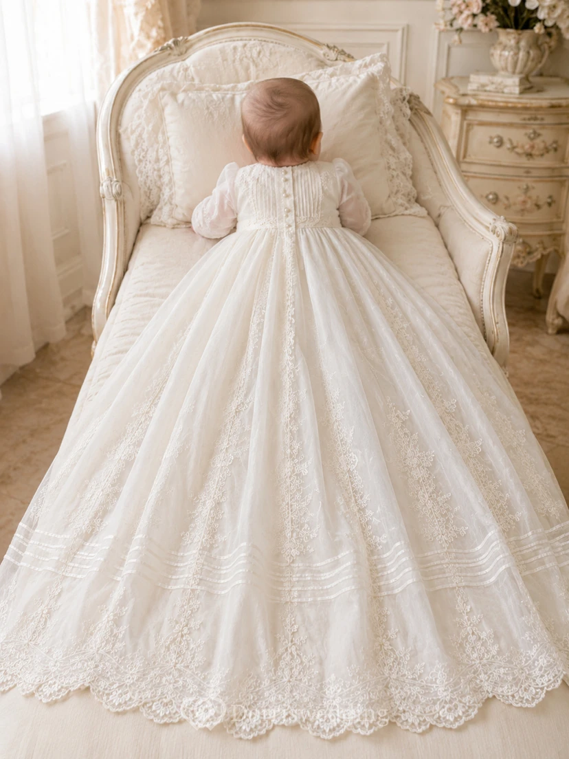 Christening Gown A-Line Lace Tulle High Neck Long Sleeve Full Skirt
