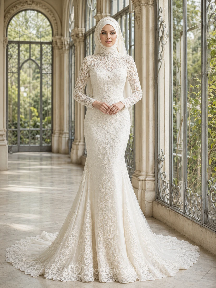 Vintage muslimisches Meerjungfrauen-Hochzeitskleid mit langen Ärmeln aus Spitze