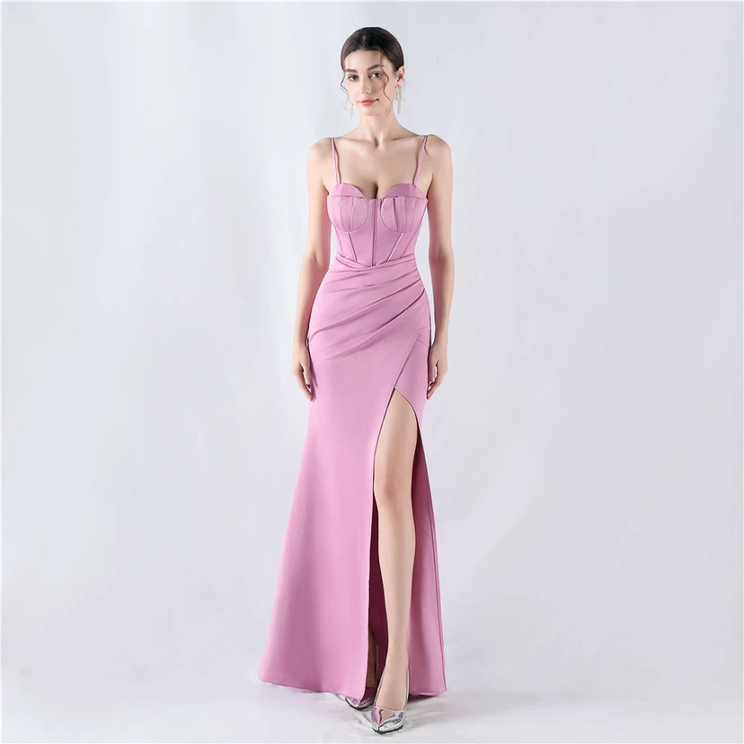 Fishbone Waist Strap Satin Host Meeting Evening Dress view 28