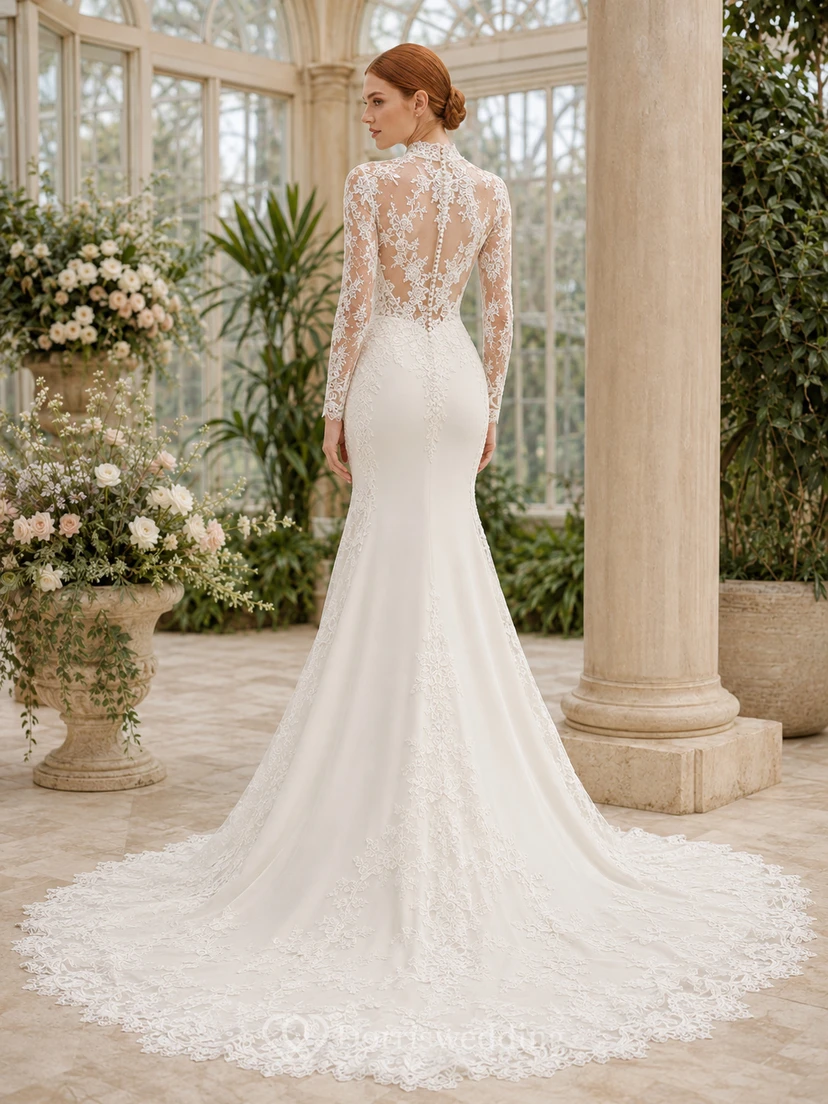 Robe de mariée modeste en dentelle et tulle, coupe sirène, col rond, manches longues et traîne chapelle. view 2