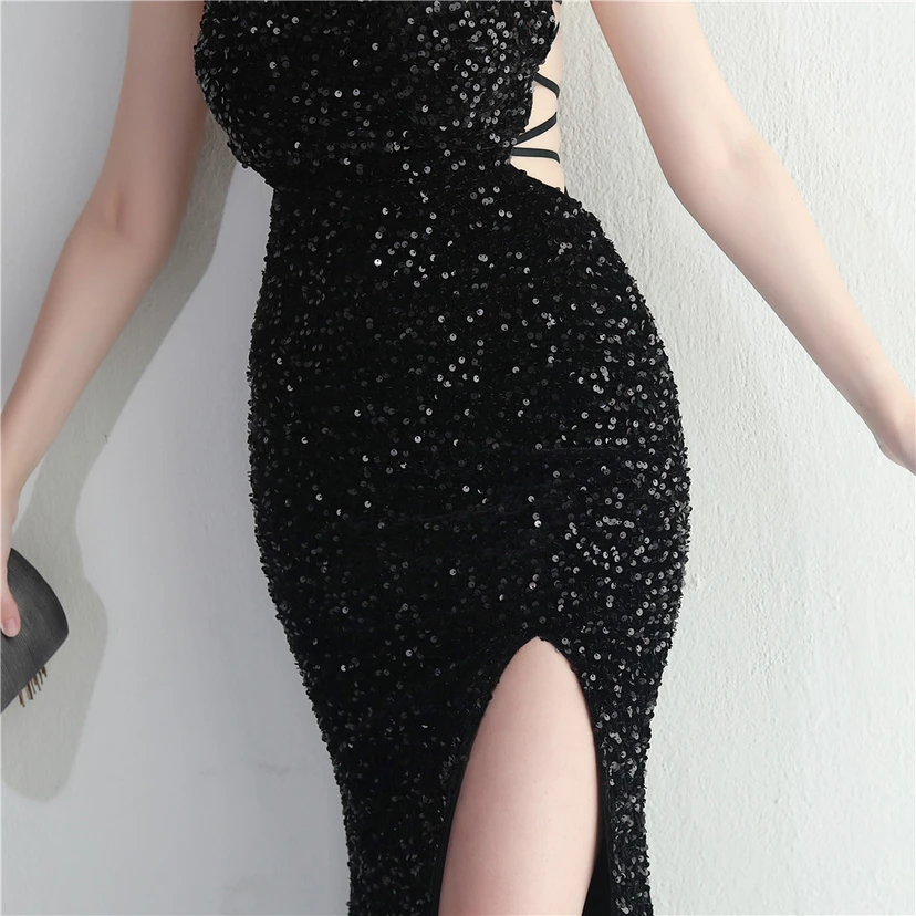 Vestido largo de noche con cola de pez, estilo europeo y americano, con lentejuelas y parte inferior de terciopelo. view 57