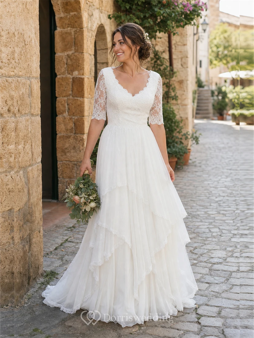 Ländliches, schlichtes Vintage-Hochzeitskleid mit Ärmeln für ältere Bräute in großen Größen view 7