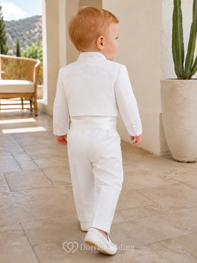 Luxury White Long Sleeve Embroidered Charro Waistcoat Baby Bautizo Suit view 2