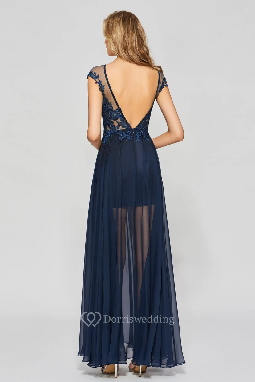 A-line Sexy Split Front Bateau Chiffon Gown With Lace Appliques And Deep V-back view 2