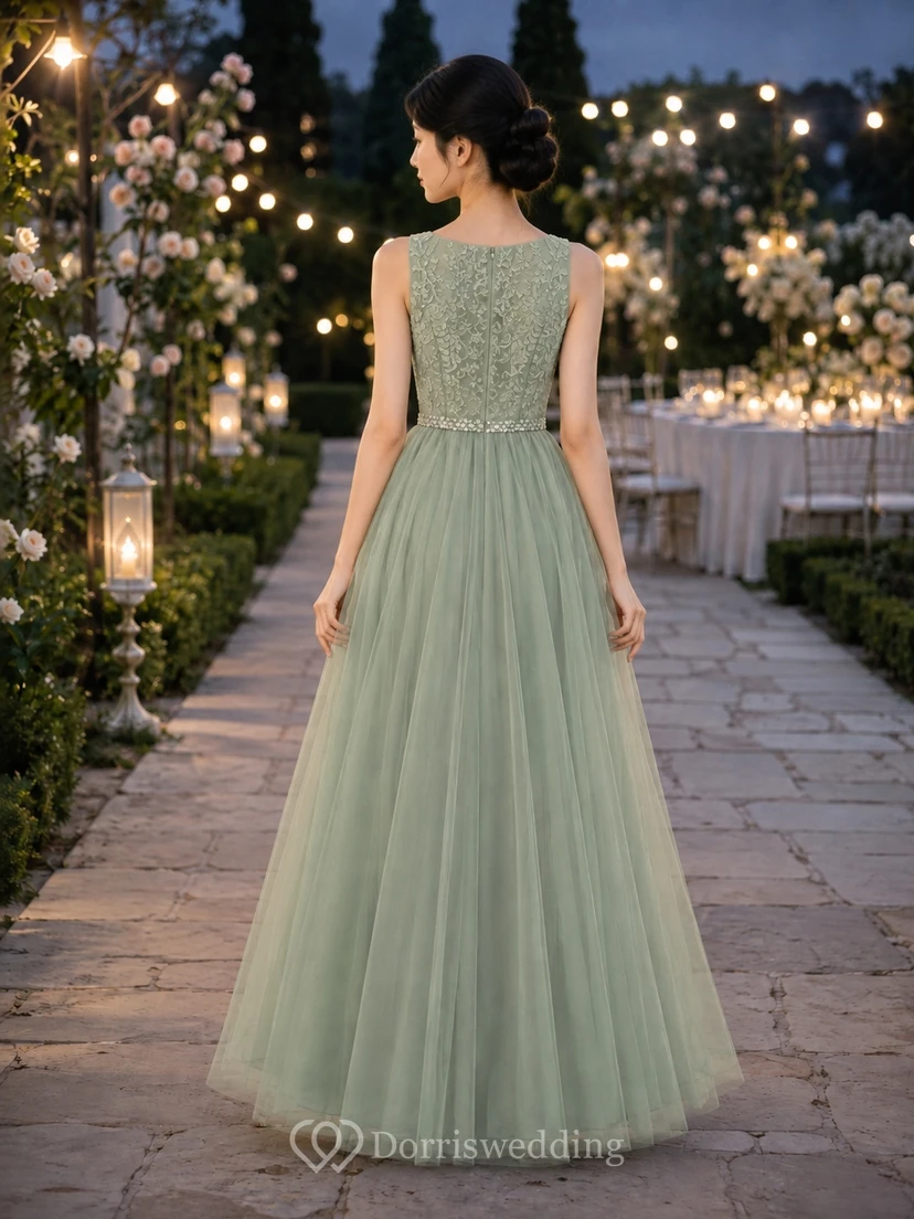 Celadonfarbenes Brautjungfernkleid für junge Mädchen, A-Linie, Rundhalsausschnitt, ärmellos, elegant, aus Tüll view 2