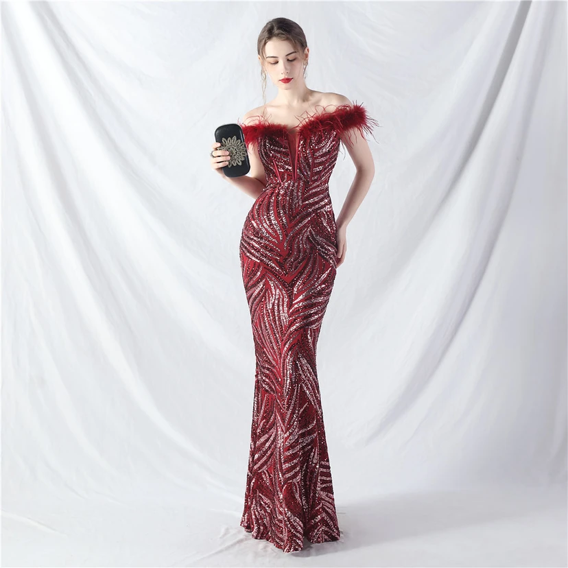 Robe de soirée haut de gamme à sequins, ornée d'un gilet à taille en arêtes de poisson et de plumes d'autruche. view 34