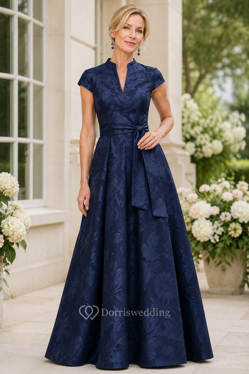 Dunkelblaues Brokat-Mutterkleid in A-Linie mit kurzen Ärmeln