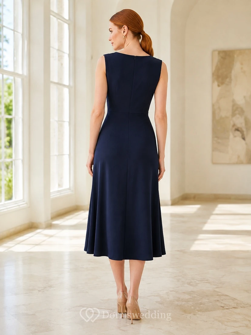 Dark Navy Draped Cowl Neck Sleeveless Satin Midi Sheath Evening Dress view 2
