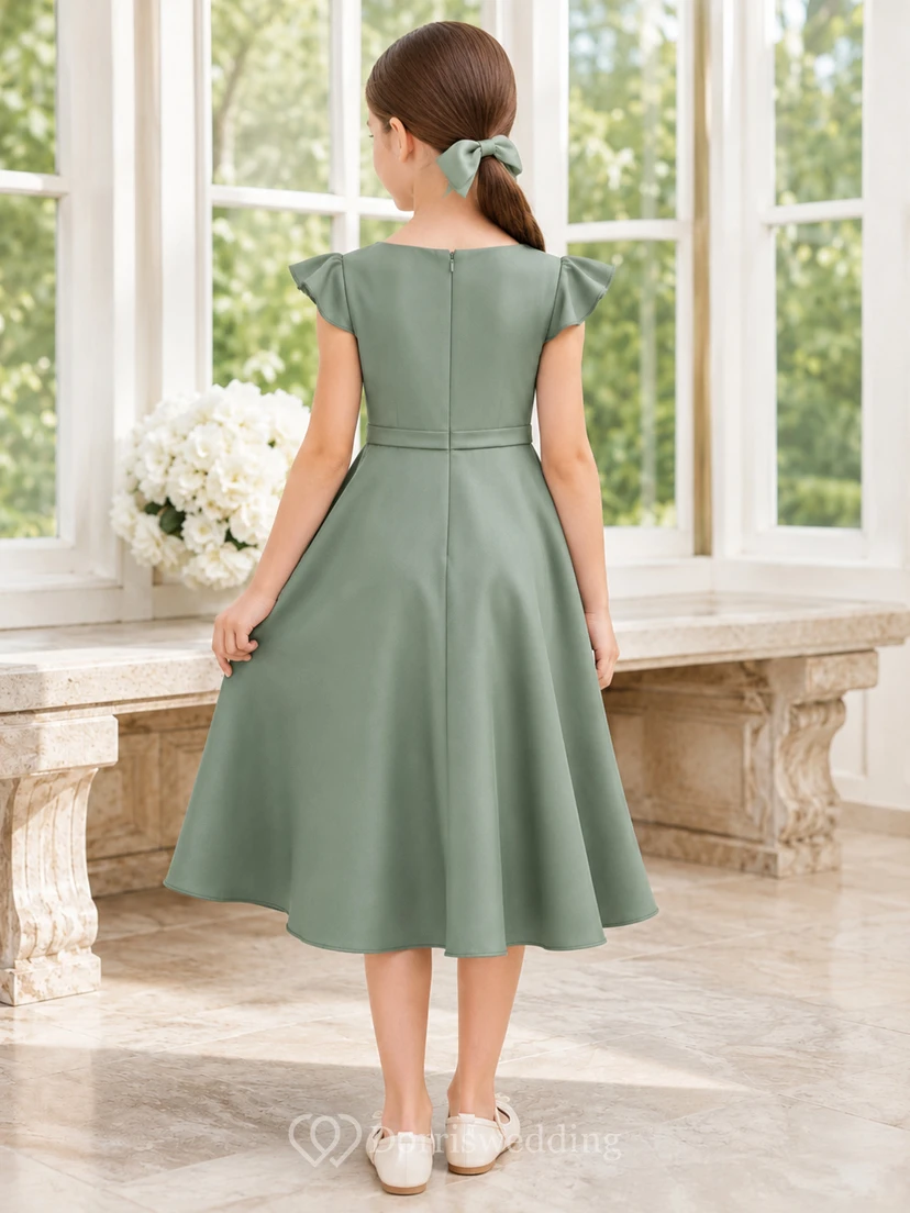 Modern A-Line Flower Girl Dress with Jewel Neck Petal Sleeves Sage Satin Garden Reception view 2