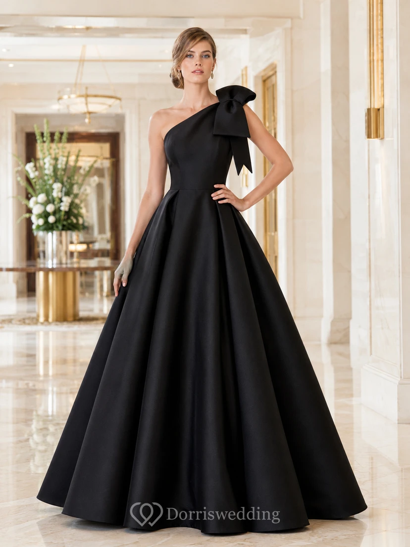 Schwarzes, schulterfreies Ballkleid aus Satin mit Schleife, bodenlang, formell, für den Abschlussball