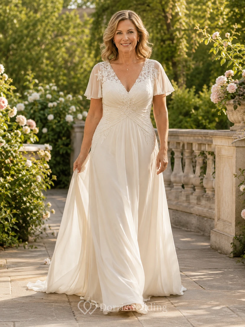 Romantic V Neck Chiffon Wedding A Line Empire Flutter Sleeve Sweep Train