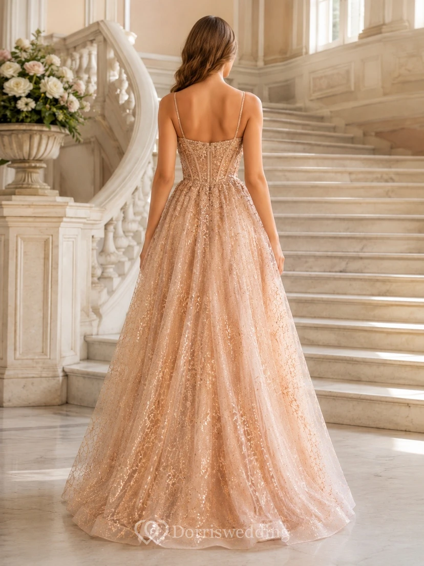 Rose Gold Lace Long Sleeve A-Line Sweep Train Prom Gown view 2