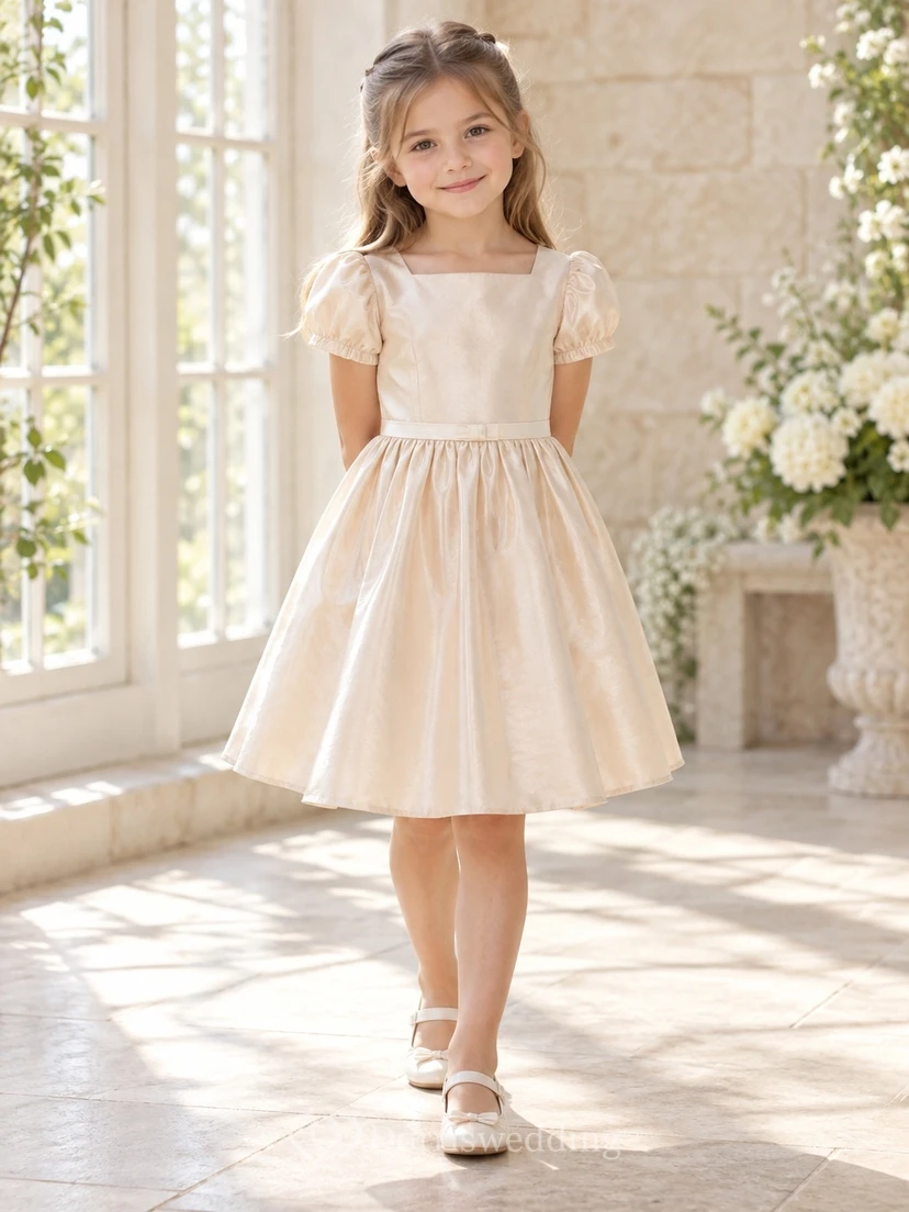Champagne Knee-length Square-Neck Round-Puff-Sleeve Thin-Cream-Belt Flat-Bow Full Gathered Taffeta Close-Button-Back Flowergirl Dress